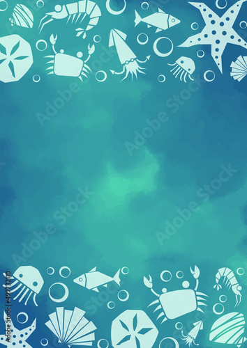 fish, starfish, sand dollar, squid, jellyfish, crab, shrimp and sea shell frame vector for decoration on ocean and seafood concept.