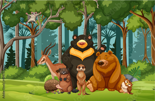 Group of wild animals in nature forest scene