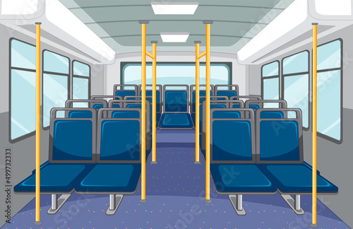 Bus interior with empty blue seats