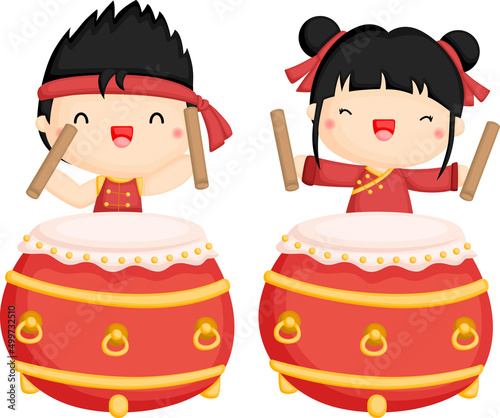 a vector of two kids playing the drums