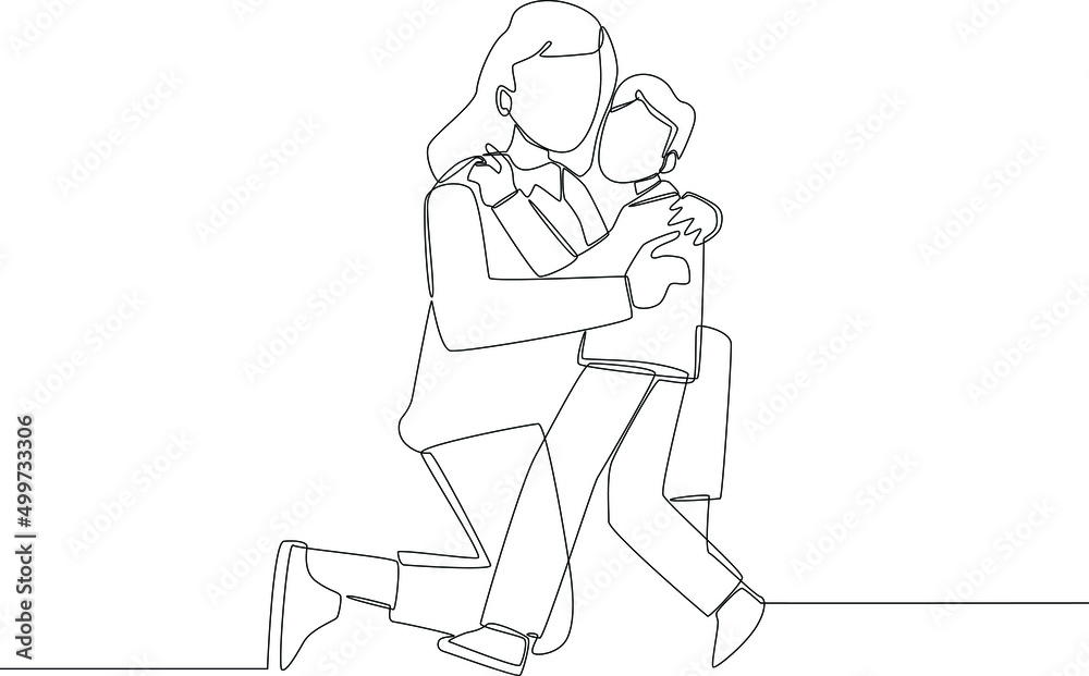 Fototapeta premium One continuous line drawing of affectionate mother and son. Trendy single line draw design vector graphic illustration.