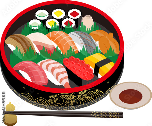 寿司桶と日本の握り寿司のイラスト