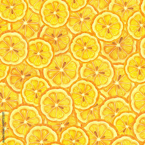 Round lemon slices seamless watercolor pattern. Pieces of ripe juicy fruit. Exotic citrus with sour pulp, zest, seeds. Bright summer background for decoration, card design, textiles, wrapping