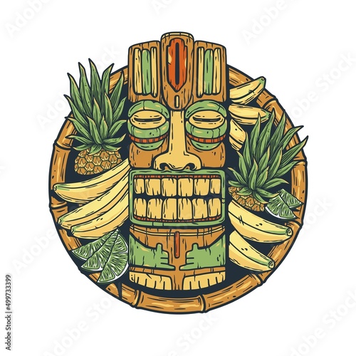 Tiki mask and tropical fruits. Exotic banana, pineapple and lime for summer hawaiian prints or tropic beach