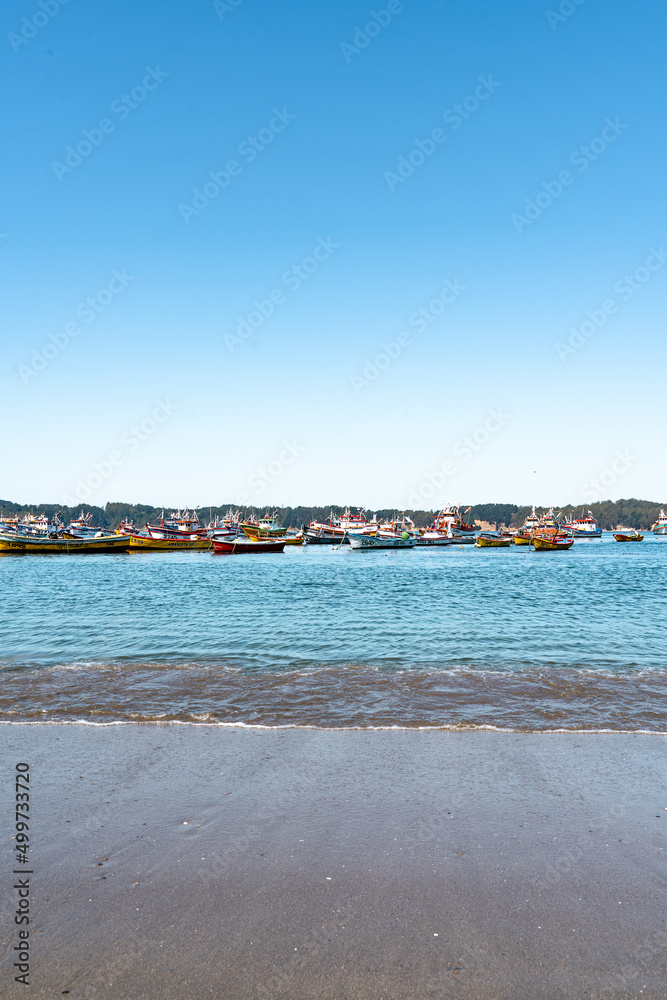 Vertical shot of colorful boats in Caleta Tumbes from beach with waves below, Chile