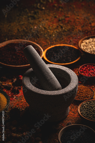 Different spices and mortar