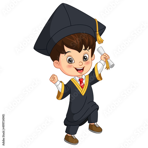 Cartoon little boy in graduation costume holding a diploma