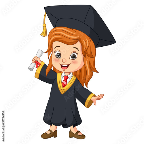 Cartoon little girl in graduation costume holding a diploma