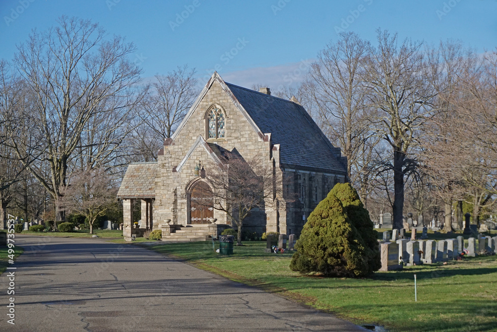 A stone chapel along the  banks of Lake Quannapowitt in Wakefield Massachusetts