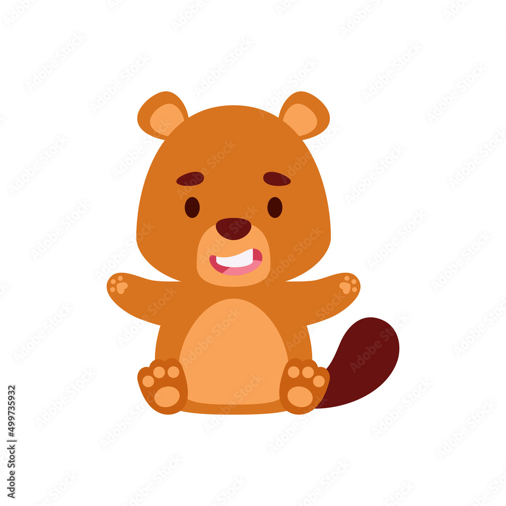 Cute little sitting beaver. Cartoon animal character design for kids t-shirts, nursery decoration, baby shower, greeting cards, invitations, bookmark, house interior. Vector stock illustration Cute little sitting beaver. Cartoon animal character design for kids t-shirts, nursery decoration, baby shower, greeting cards, invitations, bookmark, house interior. Vector stock illustration