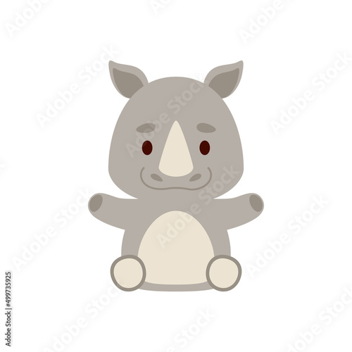 Cute little sitting rhino. Cartoon animal character design for kids t-shirts  nursery decoration  baby shower  greeting cards  invitations  bookmark  house interior. Vector stock illustration