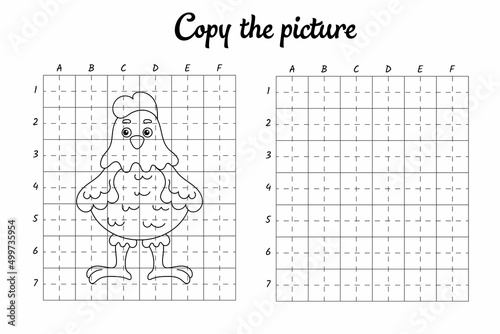 Copy the picture. Draw by grid. Coloring book pages for kids. Handwriting practice, drawing skills training. Education developing printable worksheet. Activity page. Cute cartoon vector illustration.