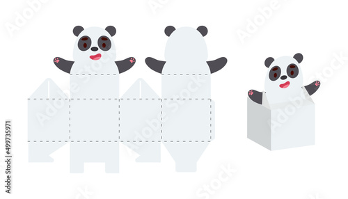 Simple packaging favor box panda design for sweets, candies, small presents. Party package template for any purposes, birthday, baby shower. Print, cut out, fold, glue. Vector stock illustration