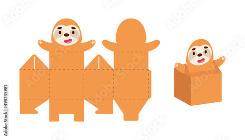 Simple packaging favor box sloth design for sweets, candies, small presents. Party package template for any purposes, birthday, baby shower. Print, cut out, fold, glue. Vector stock illustration