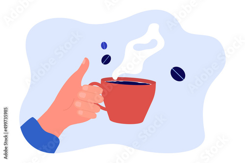 Human hand holding cup full of hot black coffee. Person drinking beverage with steam for breakfast flat vector illustration. Coffee break concept for banner, website design or landing web page