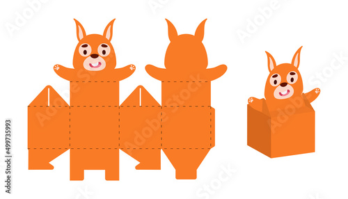 Simple packaging favor box squirrel design for sweets, candies, small presents. Party package template for any purposes, birthday, baby shower. Print, cut out, fold, glue. Vector stock illustration