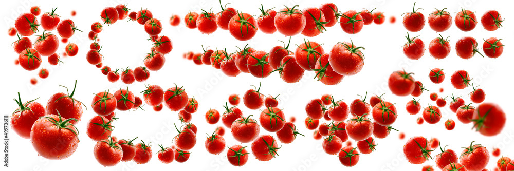 A set of photos. Red tomatoes levitate on a white background A set of photos. Red tomatoes levitate on a white background