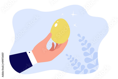 Hand of businessman holding shiny gold egg. Happy business opportunity and dividends for person flat vector illustration. Investment, income concept for banner, website design or landing web page