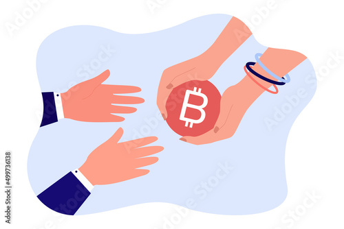 Woman hands giving bitcoin to businessman. Person holding crypto money for investment flat vector illustration. Buy, exchange and trade BTC concept for banner, website design or landing web page