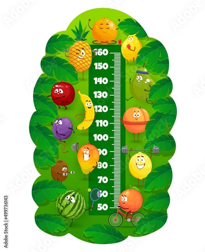 Happy cartoon fruits on fitness, kids height chart and growth measuring vector meter. Baby measure scale ruler with orange, apple and banana, kiwi, peach and mango training in gym and fitness sport