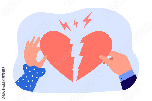 Hand of man and woman holding half of broken heart together. Divorce, breakup and end of couples love flat vector illustration. Relationship concept for banner, website design or landing web page
