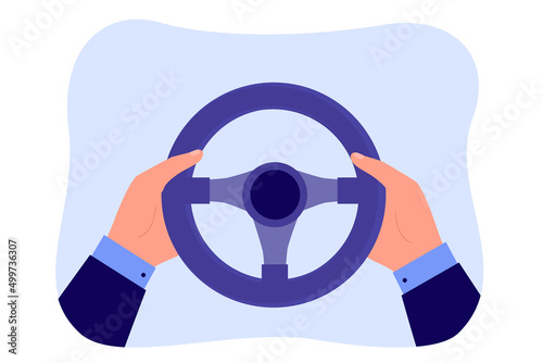 Businessmans hands holding steering wheel of car. Male driver driving automobile on highway flat vector illustration. Test drive, school concept for banner, website design or landing web page