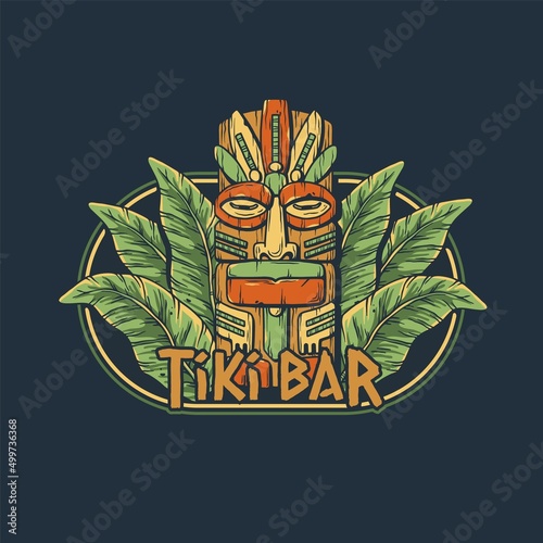 Tiki mask with tropical leavs for summer hawaii beach. Exotic mask for surfing prints or tiki bar