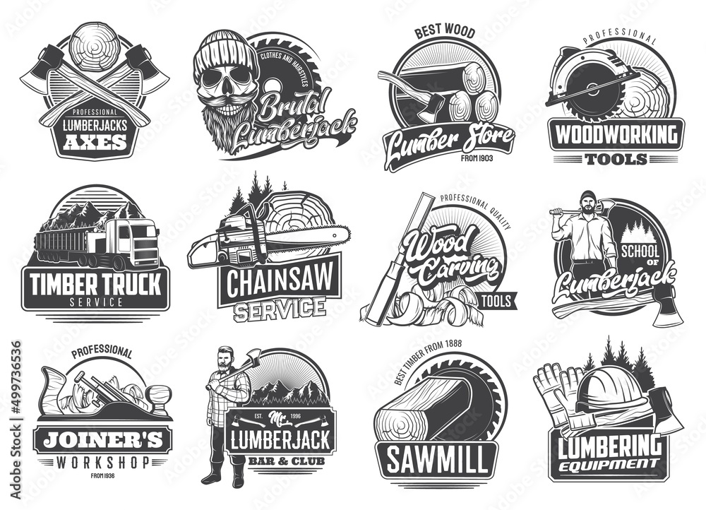 Lumberjack and lumbering industry retro icons. Skull in hat, umber jack bar and club emblem with axes and woodwork tools, chainsaw and forestry sawmill service with timber logs and saw