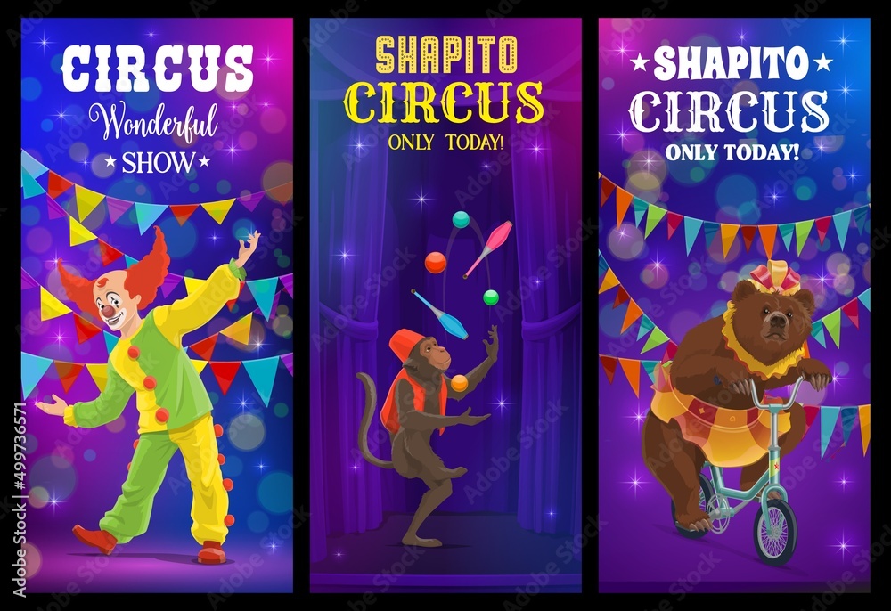Shapito circus cartoon clown and animals. Vector banners with artists ...