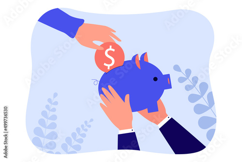 Hand throwing dollar coin into piggy bank for businessman. Person hoarding money, holding moneybox flat vector illustration. Account, budget concept for banner, website design or landing web page