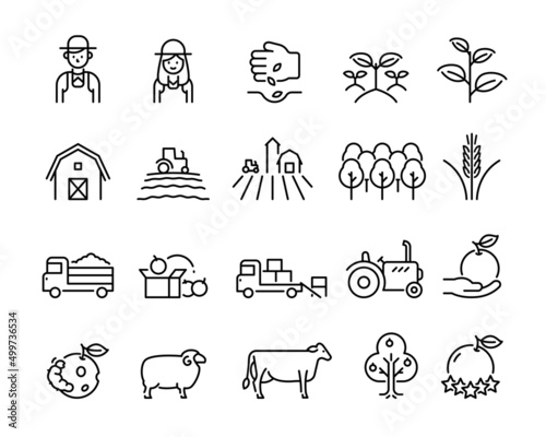 Set icons for farming, growing crops, raising animals, simple design symbols.