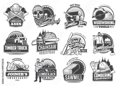 Lumberjack and lumbering industry retro icons. Skull in hat, umber jack bar and club emblem with axes and woodwork tools, chainsaw and forestry sawmill service with timber logs and saw