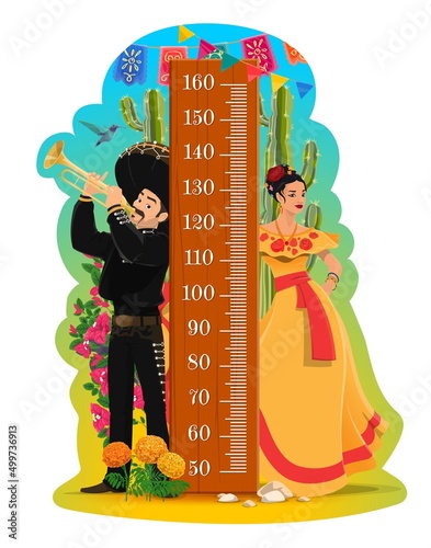 Kids height chart, Mexican mariachi and woman vector growth meter for children height measurement. Cartoon stadiometer ruler wall sticker with Mexico musician, cactuses, marigolds, papel picado flags