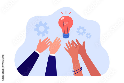 Hands of people reaching for bright light bulb at top. Analysis, clever think and ideas by persons flat vector illustration. Innovation, solution concept for banner, website design or landing web page