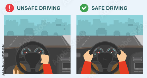 Driving rules and tips. Safe and unsafe driving. Incorrect and correct hand position to hold steering wheel. Flat vector illustration template.