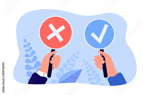 Hands holding signs with cross and checkmark. Wrong and right, cancel or approved vote of person flat vector illustration. Exam, survey, answer concept for banner, website design or landing web page photo