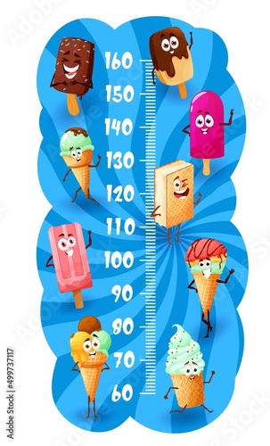 Kids height chart with cartoon ice cream dessert characters. Child growth measure meter, children height scale or ruler with funny popsicle ice cream, gelato balls and cute sundae in waffle cones