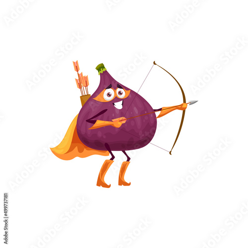 Figs fruit cartoon superhero character with bow. Fairytale fig super hero isolated vector archer. Funny Robin Hood in cloak and mask shoot with arrow. Fairy tale healthy food, vitamin personage