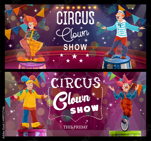 Obraz na plátne Shapito circus show, cartoon clowns and jesters at funfair carnival, vector