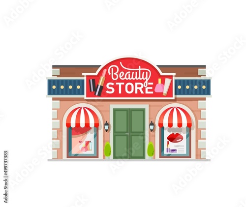 Fototapeta Naklejka Na Ścianę i Meble -  Beauty store building, city street facade. Cosmetics products shop vector showcase, town commercial property building and local business storefront with canopy, signboard with lipstick and skin cream