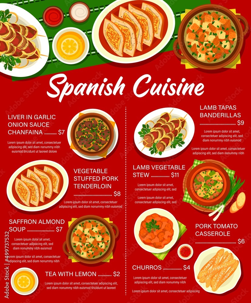Spanish cuisine menu, restaurant lunch dishes and dinner meals, vector. Spanish bar traditional food menu of tapas from lamb banderillas, churros pastry, lamb vegetable stew ans pork tomato casserole