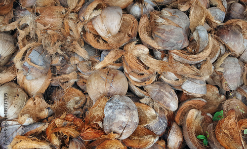 Pile of dried coconut husks after coconut peeling.