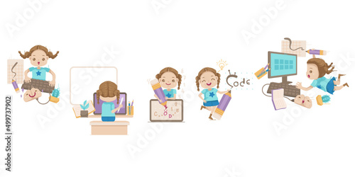 little girl writing code or kids coding set