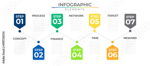 Annual journey seven steps connect business infographic design vector with icons. Digital timeline network project template for presentation and report.