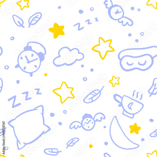 Seamless good night pattern with stars, moon, clouds, fethers and clocks. © taash