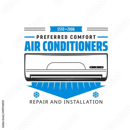 Air conditioner installation service icon. House climate control, home cooling and heating, ventilation system install, repair and maintenance service vector emblem, icon with conditioner split unit