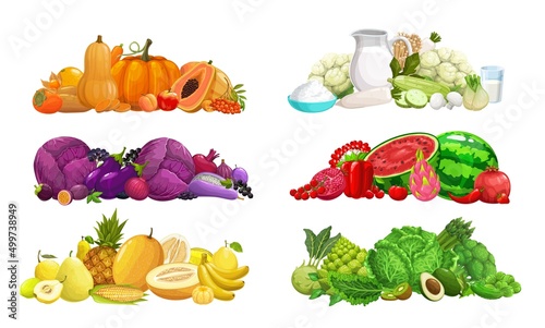 Fruits, vegetables and nuts meals of color rainbow diet. Detox dieting system or plan nutrition vector elements. Color diet fresh orange veggies, red tropical fruits and white dairy products pile