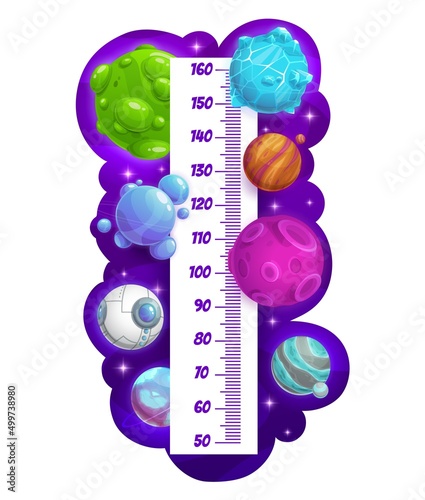 Kids height chart with cartoon space planets, vector growth measuring meter. Child height scale and tall measurement rule with alien galaxy and fantasy space planets or cosmic spaceships