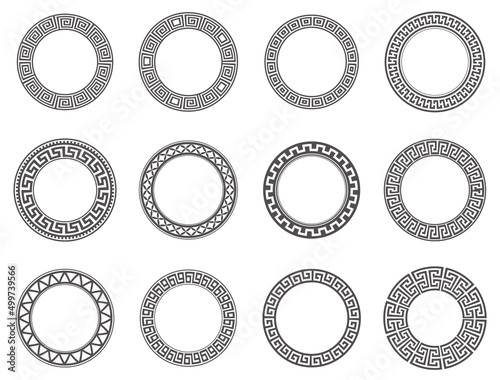 Circle greek frames. Round meander borders. Decoration elements patterns. Vector illustration isolated on white background.