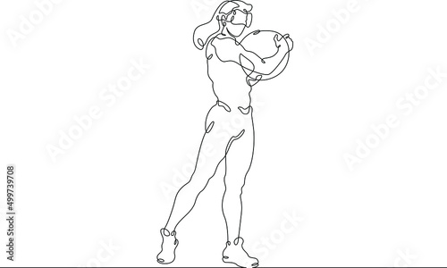 One continuous line. Woman trains using virtual reality.VR training with a headset. Game sports virtual fitness.VR training.One continuous line drawn isolated, white background.